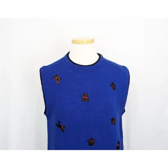 Vintage 80s Sweater Vest Blue Wool Teddy Bears Sleeveless Misses Size M - Picture 2 of 9